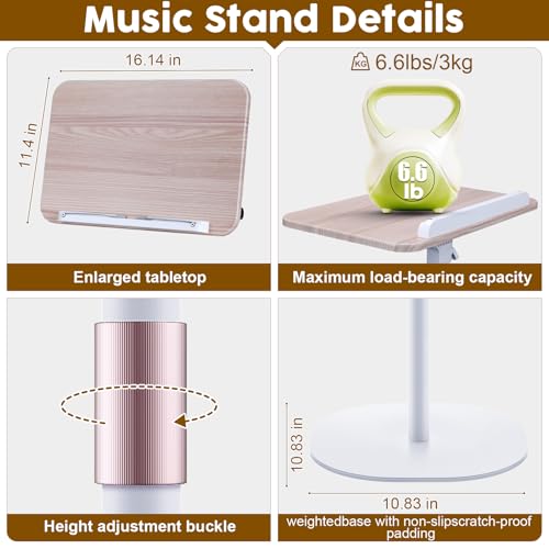 2 in 1 Dual-use Music Stand & Desktop Book Stand, Adjustable Height 16.5"-51", 100% Solid Wood Laptop Floor Stand Book Holder with Elastic Page Clips for Cookbooks (White with Tray) - color: White With Tray