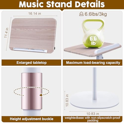 2 in 1 Dual-use Music Stand & Desktop Book Stand, Adjustable Height 16.5"-51", 100% Solid Wood Laptop Floor Stand Book Holder with Elastic Page Clips for Cookbooks (White with Tray) - color: White With Tray
