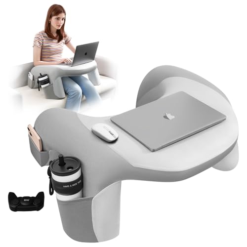 Reading Pillow for Bed, Lap Desk for Laptop, Memory Foam Arm Rest Support Gaming Pillow with Cup/Phone Pocket, Laptop Lap Desk for Working, Gaming, Reading on Couch Bed Floor- Grey - color: Gray