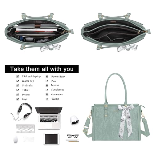 MOSISO Laptop Bag for Women, 15.6-16 inch PU Leather Tote Bag | Compatible with MacBook, HP,Dell,Asus, Front Embossed Retro Hibiscus Computer Bags with Silk Scarf&Clutch Purse,Antique Green - color: Antique Green, size: 16 inch