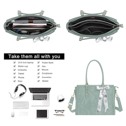 MOSISO Laptop Bag for Women, 15.6-16 inch PU Leather Tote Bag | Compatible with MacBook, HP,Dell,Asus, Front Embossed Retro Hibiscus Computer Bags with Silk Scarf&Clutch Purse,Antique Green - color: Antique Green, size: 16 inch
