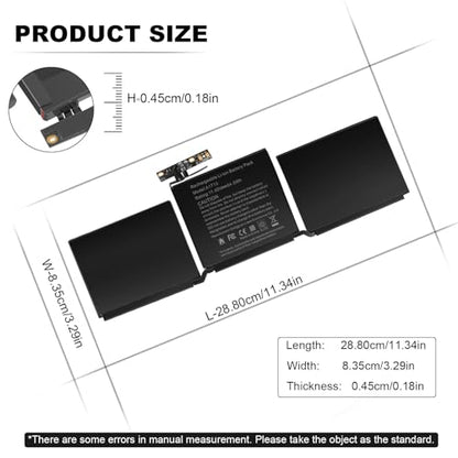 Battery Replacement for MacBook Pro A1708(2016,2017) A2159(2019) A2289(2020) A2338(2020,2022) 13-inch A2171/A1713 Battery EMC 2978 3301 3456 3578 3164 020-00946 MacBookPro13,1 14,1[58.19Wh/11.41V ] - size: A1708 14.61 * 6.73 * 0.98 in