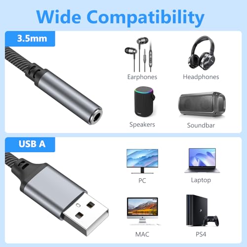 3 Pack USB to 3.5mm Audio Jack Adapter, USB A to 3.5mm TRRS 4-Pole Female External Sound Card Converter for Headphones/Laptop/Mac/Desktops/Linux/PS4/PS5/PC and More Devices (Black)