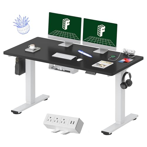FLEXISPOT EN2 55"x28" Whole-Piece Standing Desk with Power Strip, Black | Whole-Piece Desktop, Easy-Access Clamp Power Strip, Organized Cable Management, Modern Home Office Setup - color: Black Top + White Frame, size: 55x28"