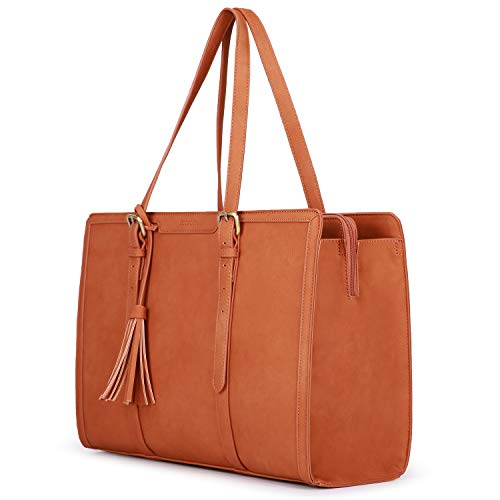 ECOSUSI Laptop Bag For Women 15.6 Inch Work Tote Bags PU Leather Computer Purse For Business Office With 3 Layer Compartments - color: Brown