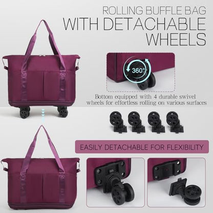 VOOWO Duffel Bag with Wheels - Rolling Foldable Expandable Duffle Bag with Wheel for Travel, Rolling Luggage Bag Carry On Travel Bag with Wheels, Large Wheeled Overnight Weekender Bags (Deep Purple) - color: Deep Purple