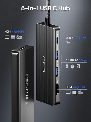 USBC to HDMI, DockteckExpand 5-in-1 USB C Hub with Dual HDMI 4K@30Hz, 2 USB 3.0 Ports, 100W PD Charging – Compatible with MacBook, Dell, Chromebook & More - color: Cool Black