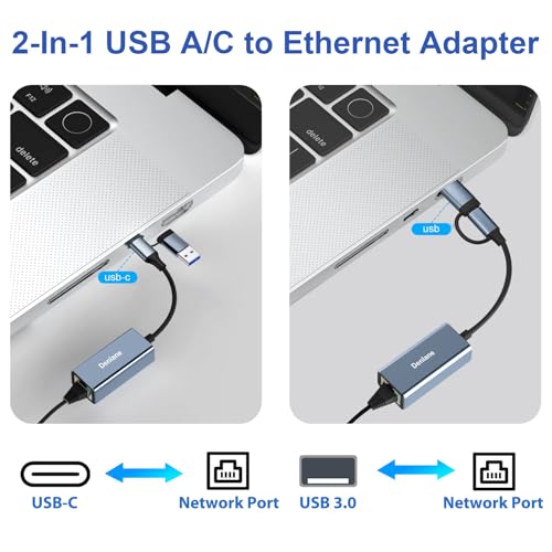 USB 3.0 to Ethernet Adapter, Ethernet to USB C Adapter 2 Connector 1000Mbps | Denlane RJ45 Gigabit Network Adapter LAN Converter for iPhone 15 16 17/USB-C iPad, MacBook/Pro/Air, Laptop, Windows 11/10/8/7