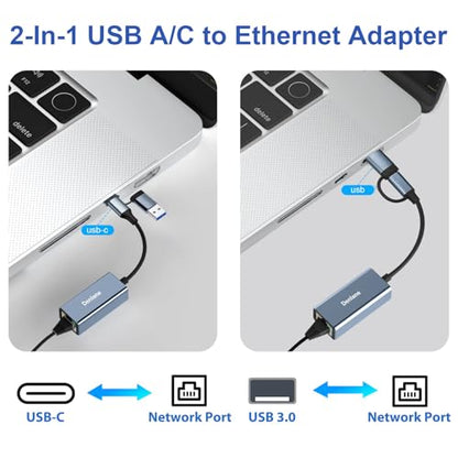 USB 3.0 to Ethernet Adapter, Ethernet to USB C Adapter 2 Connector 1000Mbps | Denlane RJ45 Gigabit Network Adapter LAN Converter for iPhone 15 16 17/USB-C iPad, MacBook/Pro/Air, Laptop, Windows 11/10/8/7