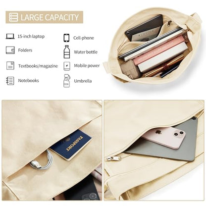 KALIDI Canvas Tote Bag Large Hobo Crossbody Shoulder Handbag Zipper Messenger Bag for Women or Men Casual College Work - color: Beige