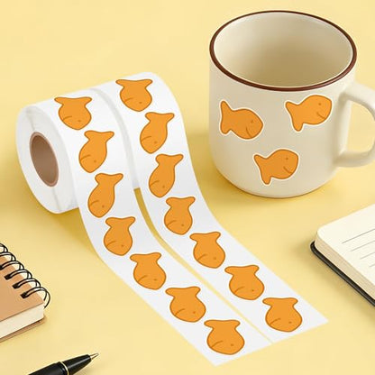 Goldfish Cracker Sticker Roll - 1000 Pcs & 2 Roll Cute Fish Cookie Waterproof Vinyl Reusable Laptop Stickers for Coloring Book Scrapbook Water Bottle Page Activity Pad Birthday Party Favors - style: Goldfish