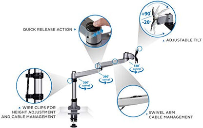 Mount-It! Premium Modular Monitor Desk Mount Arm Stand | Single Tilt Swivel Arm Fits 19 21.5 24 27 32 Inch Computer Screens with 75 100 VESA Patterns | C-Clamp and Grommet Bases | Silver