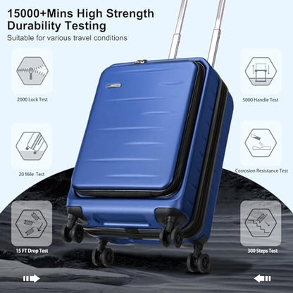 CENSIEN Expandable 20" Carry On Luggage Airline Approved with Front Pocket | Front Opening with Laptop Pocket,Lightweight ABS+PC Hard Shell Suitcases,360° Spinner Wheels,TSA Lock,YKK Zipper,Blue - color: Navy Blue, size: 20 Inch EXT