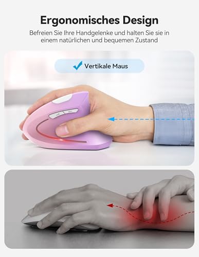 TECKNET Ergonomic Mouse Rechargeable Bluetooth - 4800 DPI Vertical Mice 6 Adjustable Levels, Wireless Optical Carpal Tunnel Mouse Right Hand, Multi Device for Laptop, PC, Computer - Pink Purple - color: Pink Purple