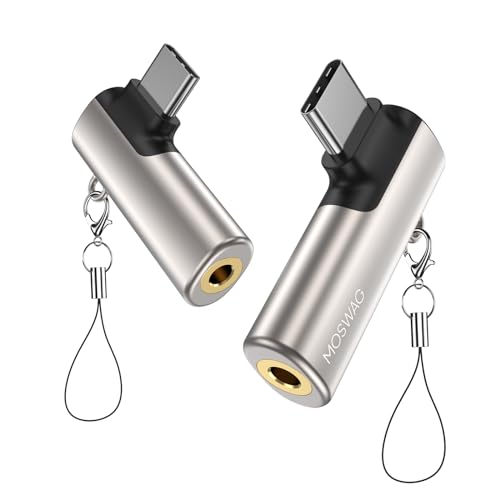 MOSWAG USB C to 3.5mm Jack USB C Headphones Adapter Right Angle Type USB C to AUX Jack Adapter Audio Dongle Zinc Alloy Headphone Adapter Compatible with Samsung Galaxy S23 Pixel 7/6 iPad Pro/Air - color: Silver, size: 2 Pack