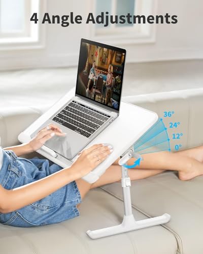 SAIJI Laptop Bed Tray Table, Adjustable PVC Leather Laptop Bed Table, Portable Standing Desk with Storage Drawer, Foldable Lap Tablet Table for Sofa Couch Floor (Large,White) | Fits 17" Laptop, Work From Home & Dorm Study, with Storage Drawer & PVC Leathe