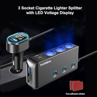 9-in-1 Cigarette Lighter Splitter 264W 3 Socket USB C Car Adapter | 264W PD30W & QC3.0 USB-C fast charge. 3 sockets. 12V/24V. Independent switches, LED voltmeter & waterproof for trucks/cars.