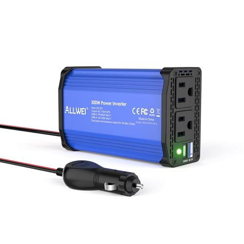 ALLWEI 300W Car Power Inverter, DC 12V to 110V AC Converter Car Plug Adapter Outlet with 65W PD USB-C & 18W USB-A Fast Charge, Car Cigarette Lighter Car Charger for Phone, Laptop on Road Trip-Blue - color: PD65W-Blue