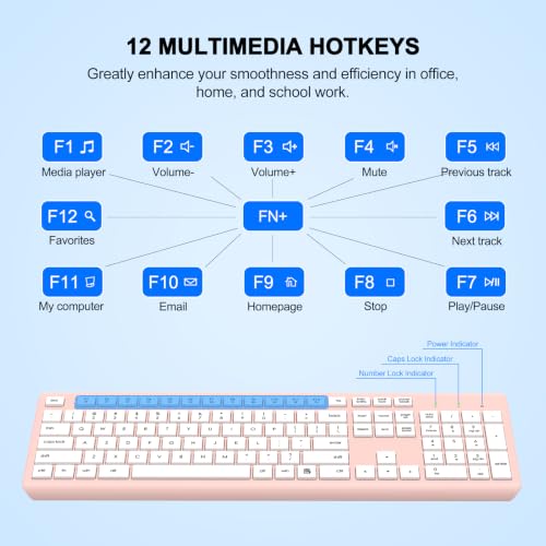 Wireless Keyboard and Mouse Combo, Full-Size Silent Ergonomic Keyboard and Optical Mouse, Long Battery Life, 2.4G Lag-Free Mice Keyboard for Computer, Mac, Laptop, PC, Windows(White Pink) - color: White Pink