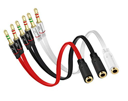 D & K Exclusives Headphone Splitter for Computer, 3-Pack Audio/Mic Splitter 3.5mm Female to 2 Dual 3.5mm Male Headphone Mic Audio Y Splitter Cable Smartphone Headset to PC Adapter, Black, Red, White