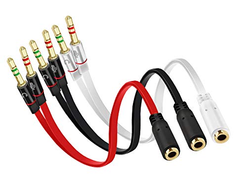 D & K Exclusives Headphone Splitter for Computer, 3-Pack Audio/Mic Splitter 3.5mm Female to 2 Dual 3.5mm Male Headphone Mic Audio Y Splitter Cable Smartphone Headset to PC Adapter, Black, Red, White