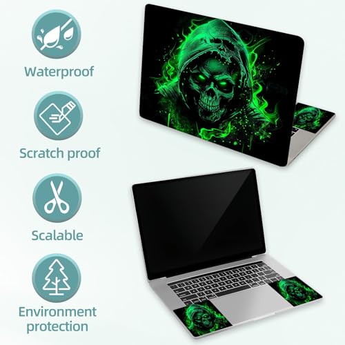 Universal Laptop Skin Decal, 3-Piece Vinyl Protector for 12 13 14 15.6" Notebook, Waterproof Anti-Scratch, Easy Trim & Bubble-Free Finish, Green Fire Skull in Hood - color: Green Fire Skull in Hood