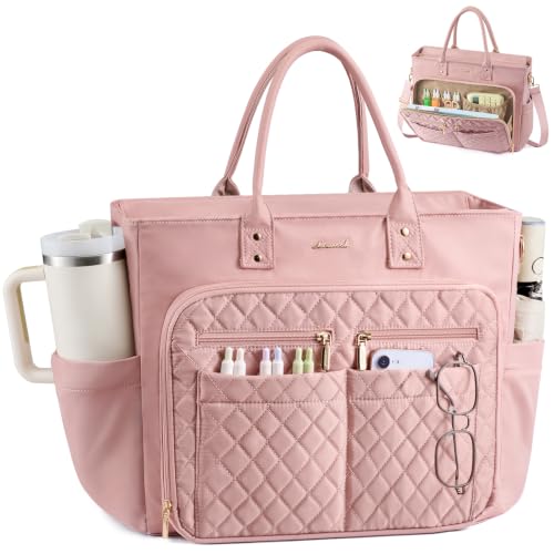 LOVEVOOK Tote Bag for Women, Teacher Nurse Work Laptop Bag, Quilted Bible Computer Shoulder Bag for Business Travel College - color: Pink, size: 17.3 Inch