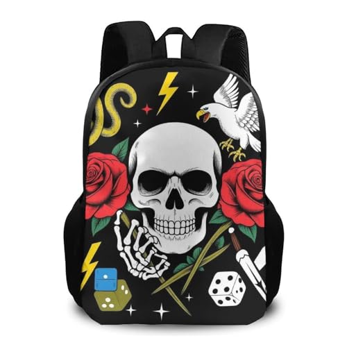 Large Durable Travel Laptop Backpack, Water Resistant College Bag, Computer Bag For Women Men Vintage Rock Snake Knife Wild Eagle Rose Skull - color: Color576