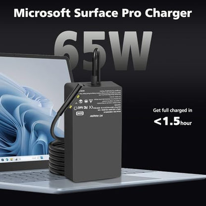 65W Surface Pro Laptop Charger Compatible with Microsoft Surface Pro 11 10, 9, 8, X, 7+, 7, 6, 5, 4, 3, Magnetic Surface Connector, Support 65W, 44W, 36W, with USB Port - color: Black