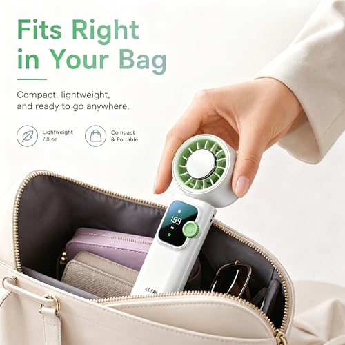Portable Handheld Fan with Ice Cooling, Personal Rechargeable Fan 20000RPM,199-Speed Mini Neck Fan with 4000mAh Battery Powered up to 15hrs with LED Display for Travel, Camping & Outdoor, White - color: White-Green