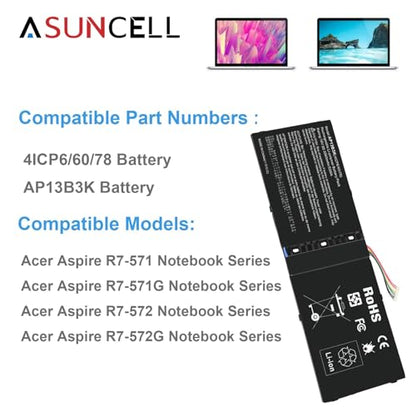 ASUNCELL AP13B3K Laptop Battery for Acer Aspire R7-571 R7-571G R7-572 R7-572G Notebook 4ICP6/60/78 KT.00403.015 AL13B3K 15V/3560mAh/53Wh - size: AP13B3K 12.13 × 4.72 × 1.30 in