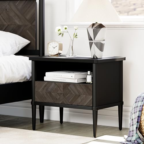 Lenia Set of 2 Solid Wood Nightstand with Drawer & Open Storage - Mid Century Modern Side Table, Bedroom or Living Room Night Stand, Sturdy & Stylish Storage Solution, Mocha Finish (Set of 2) - color: Mocha Black, size: Set 2 Nightstands