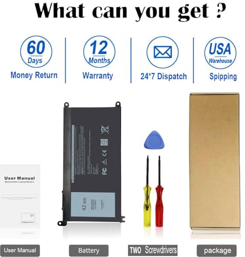42Wh WDX0R Battery Replacement for Dell Inspiron 13 15 5000 7000 Series | 7573 5570 7579 7378 5567 5565 5379 Latitude 3490 3590 3340 3400 3390 3500 Vostro 5568 P69G P58f P66F WDXOR 11.4V - size: 8*4.5*0.26inch WDX0R