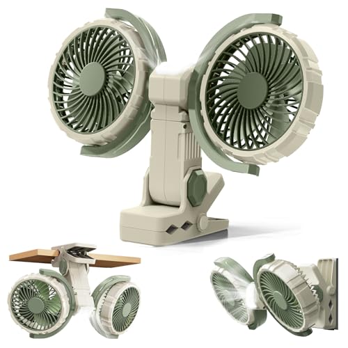 Dual Head Clip on Fan Battery Powered with Light,Portable USB Rechargeable Powerful Desk Table Fans,360°Rotatable Cooling Clamp Fans for Stroller,Car,Golf Cart,Treadmill,Outdoor Camping(Light Green) - color: Green