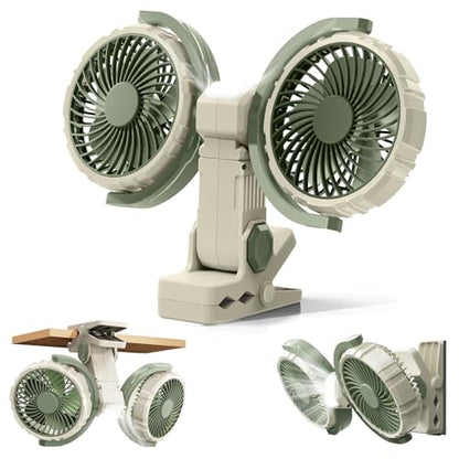 Dual Head Clip on Fan Battery Powered with Light,Portable USB Rechargeable Powerful Desk Table Fans,360°Rotatable Cooling Clamp Fans for Stroller,Car,Golf Cart,Treadmill,Outdoor Camping(Light Green) - color: Green