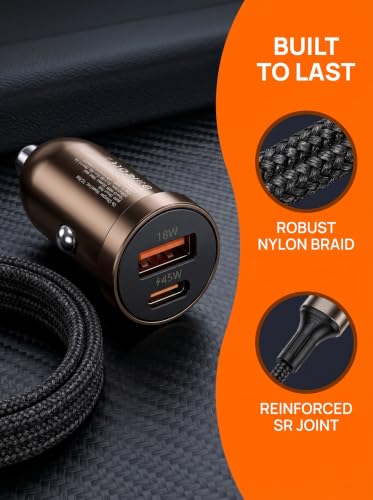 Car Charger USB C, 63W PD3.0/PPS 45W+18W Fast Charging Adapter | Zinc Alloy, Type-C Braided Cable, Compatible with iPhone 17/17 Pro Max/16 Pro/15, Compatible with Galaxy S26/S25, and Pixel