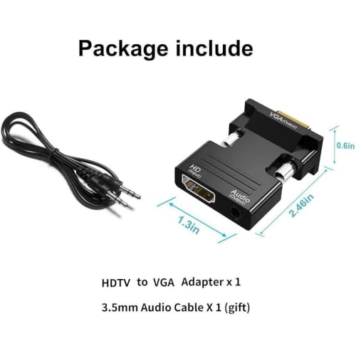 HDTV(19-Pin Port) to VGA Adapter, HD 1080P Audio Video Converter, Gold-Plated Connector (Female to Male) for desktops, laptops, PCs, Monitors, projectors, HDTVs, Chromebooks,Raspberry Pi,Roku,etc