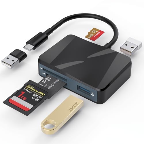 SD Card Reader, 5 in 1 USB-C & USB Card Adapter with SD/MicroSD/MS and Dual USB-A Ports Memory Card Reader for iPhone 17/16/15 Pro Max iPad MacBook Pro/Air M4/M3 Android Phone/Tablet PC (Black) - color: Black