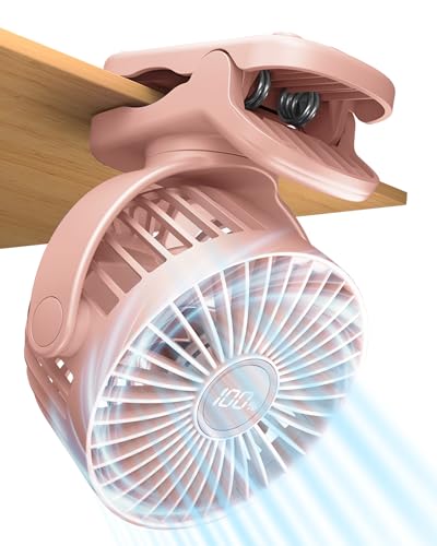 buywoo Portable Mini Personal Fan, Small Rechargeable Battery Powered Stroller Fan for Desk, Strong Clamp Grip, 360° Rotation, 3-Speed, LED Display, Clip On Cooler for Bed, Golf Cart, Office, Pink - color: Pink