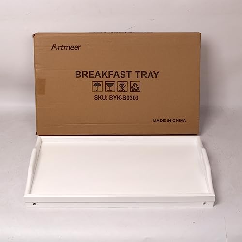 Bed Tray Table Bamboo Breakfast Food Tray with Folding Legs Kitchen Platters Serving Plate for Bed TV Table Desk Laptop Computer（White Large） - color: White-large