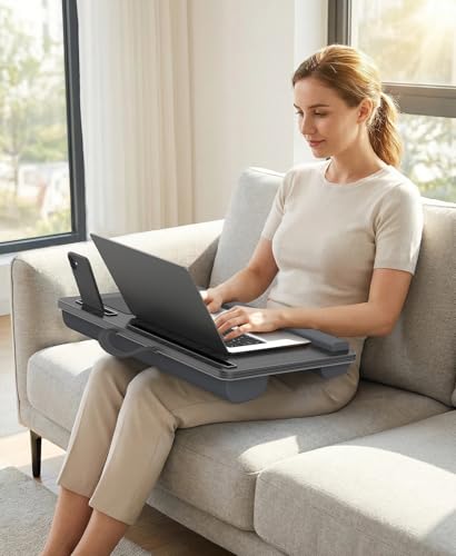 Lap Desk 2-Pack - Up to 17” Laptop with Wrist Rest, Portable Handle, 2 Self-Adhesive PVC Mouse Pads, Tablet & Phone Slots, Laptop Stand for Bed with Cushion