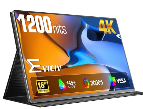 EVICIV Portable Monitor 4K 1200 Nits 16", 3840 * 2400 UHD, 145% sRGB | 2000:1 Contrast, USB-C & MINI HDMI, VESA & Smart Case, Travel Second Screen for Laptop, Computer, Mini PC, Game Consoles - size: 16 Inches
