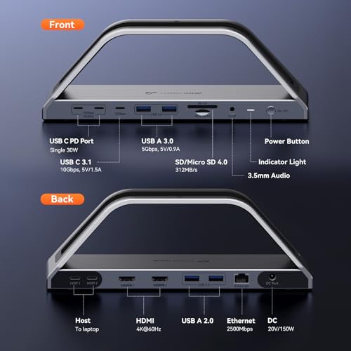 TobenONE MacBook Pro Docking Station Dual 4K Monitor, 150W Charger, 7 USB | Plug and Play, Laptop Docking Station Stand for MacBook M1-M5 Pro/Max, 10Gbps/PD 30W, 2.5G Ethernet, for Home, Office, Studio