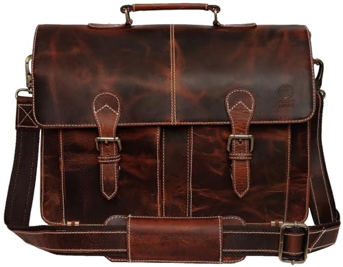 RUSTIC TOWN Handmade Leather Shoulder Briefcase Messenger Bag Mens 16 inch Laptop Satchel - color: Walnut Brown