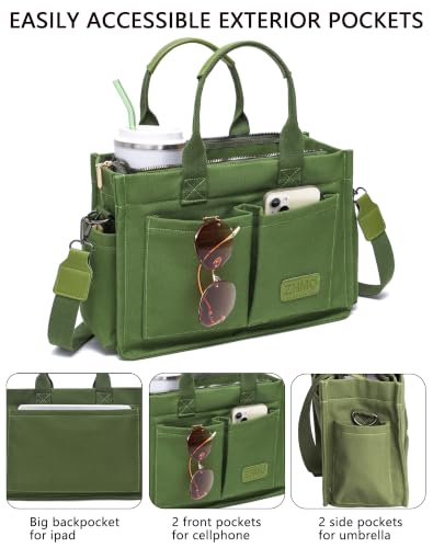 Canvas Tote Bag for Women,Women's Bags Crossbody Bags Work Laptop Tote Bag Large Handbags Purse for Travel Nurse Teacher - color: New Upgrade Army Green With Compartments and Side Cup Holders