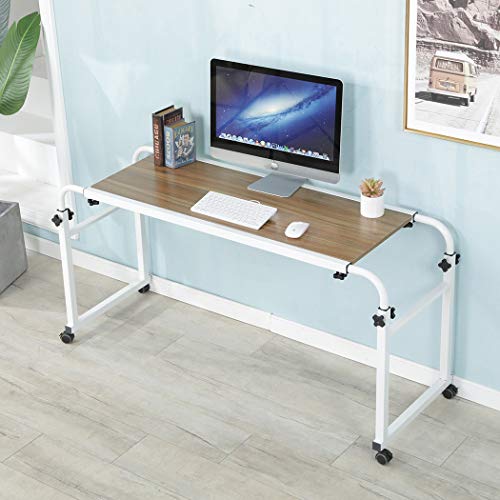 TigerDad Adjustable Overbed Table with Wheels, Mobile Laptop Desk on Wheels for King Queen Bed, Height Adjustable Rolling Computer Cart with Stand, Ancient Oak - color: Ancient Oak