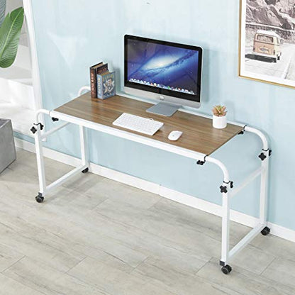 TigerDad Adjustable Overbed Table with Wheels, Mobile Laptop Desk on Wheels for King Queen Bed, Height Adjustable Rolling Computer Cart with Stand, Ancient Oak - color: Ancient Oak