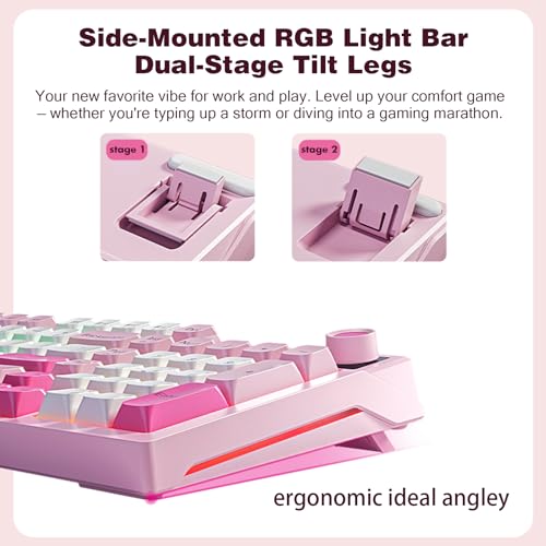 HP K500F Mechanical Gaming Keyboard, 75% Layout with RGB Backlit, Light Sound, Bluetooth/2.4GHz/USB-C Compatible with Windows/Mac/PC - Pink