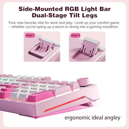 HP K500F Mechanical Gaming Keyboard, 75% Layout with RGB Backlit, Light Sound, Bluetooth/2.4GHz/USB-C Compatible with Windows/Mac/PC - Pink