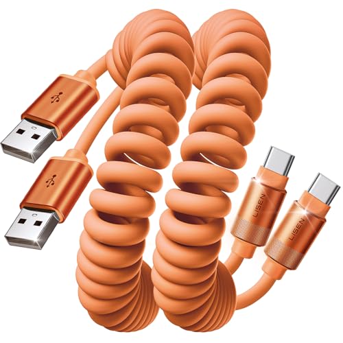 LISEN Coiled USB C Cable, 2 Pack for Android Auto & CarPlay Cable, Short Orange USB C Cable Compatible with iPhone 17 Pro Max Orange/16/15, Samsung Galaxy S25/S24/S23 A15/A14 - color: Orange, size: 4FT